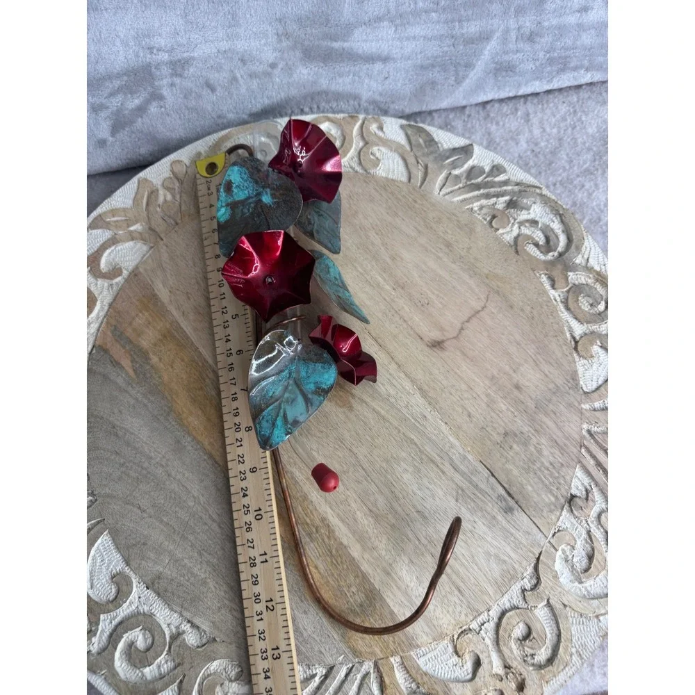 Copper Hummingbird Feeder Red Flower Verdigris Leaf Metal Hanging Garden Art 12